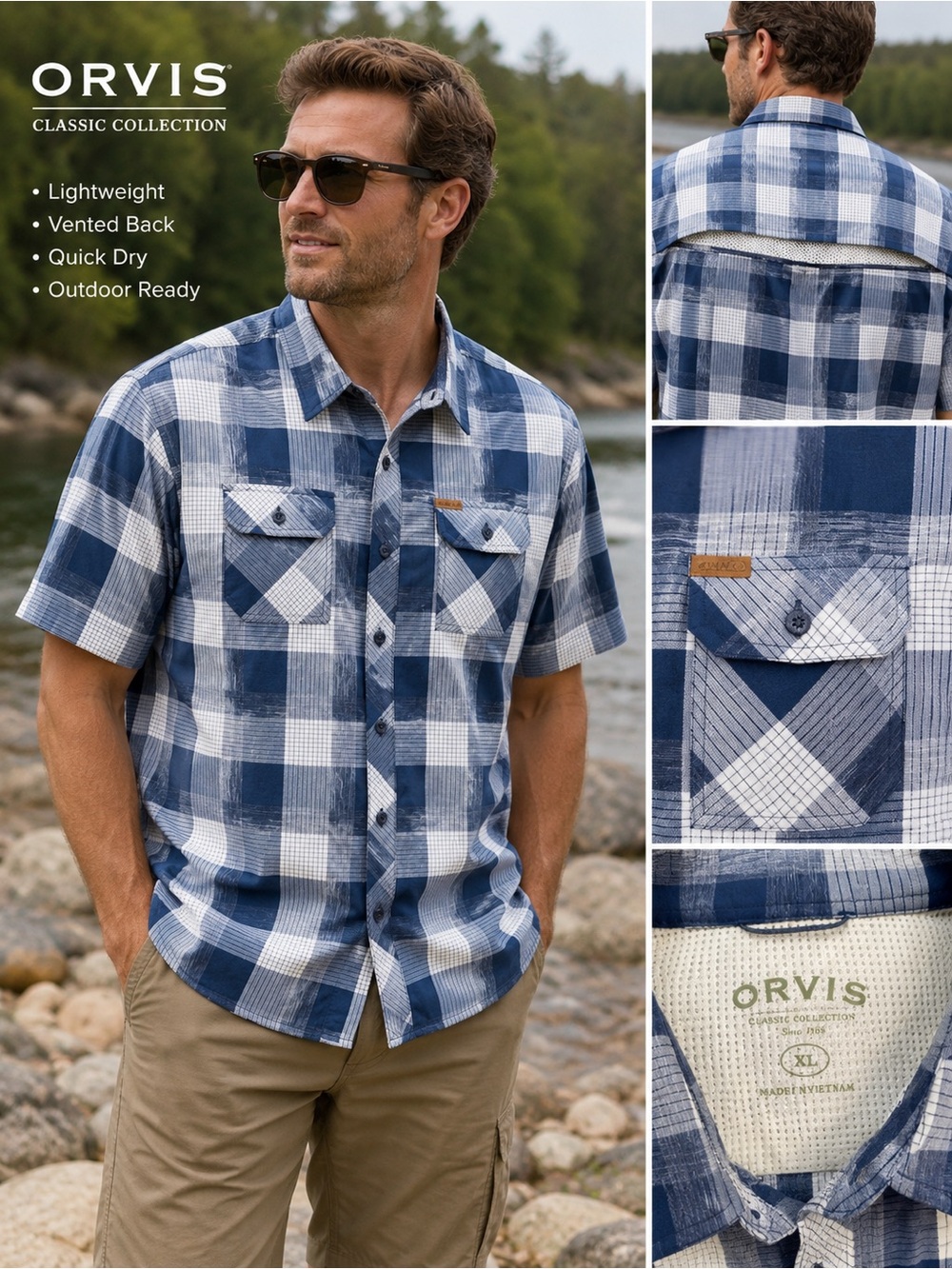 Orvis Men's Navy and White Plaid Short-Sleeve Button-Down Shirt Size XL